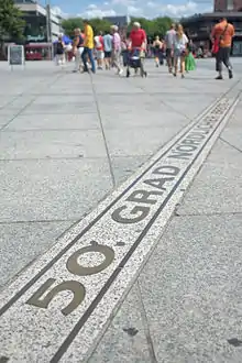 Line showing 50° north latitude on the Gutenbergplatz