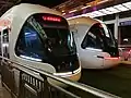 A close-up of the control trailers of Optics Valley trams