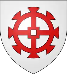 Arms of Mulhouse: On a white field, a red stylised mill wheel