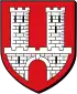 Arms of Wissembourg: On a red field, a white castle with two towers and an open gate, windows black