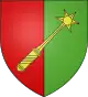 Arms of Colmar: Over a field divided vertically, red and green, a gold mace oriented diagonally with its head to the top-right