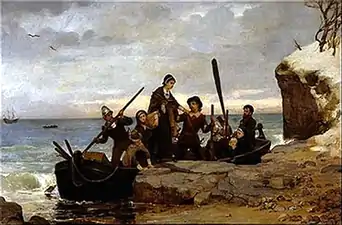 Pilgrim Fathers landing at Plymouth Rock in Plymouth, Massachusetts in 1620