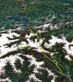 The Gotthard Base Tunnel together with the Zimmerberg Base Tunnel form the northern part of the Gotthard axis of the Alptransit project (yellow: major tunnels, red: existing main tracks, numbers: year of completion)