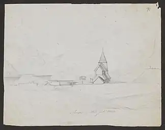 Sketch of the old stave church (1200-1867)