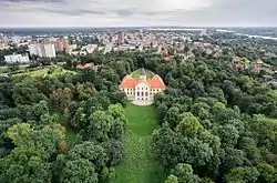 Skyline with Dzików Castle, city center, river Vistula and Reservoir Machów created in a former sulfur mine