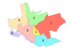 Administrative map of Zaporizhzhia; the Zavodskyi Raion is indicated by the number 2.