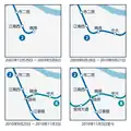 Map of route changes in the area between Jiangnanxi to Xiaogang from 2002 to its present configuration.