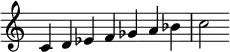  {
\override Score.TimeSignature #'stencil = ##f
\relative c' { 
  \clef treble \time 7/4
  c4 d es f ges a bes c2
} }
