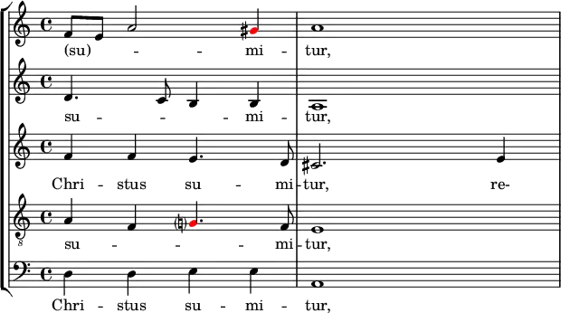 
    { 
#(set-global-staff-size 18)
      \override Score.SpacingSpanner.strict-note-spacing = ##t
  \set Score.proportionalNotationDuration = #(ly:make-moment 1/16)
    << \new StaffGroup <<
        \new Staff <<
            \set Score.tempoHideNote = ##t \tempo 4 = 72
            \set Staff.midiInstrument = #"voice oohs"
            \clef treble \time 4/4
            \relative c' {
                \clef treble \time 4/4
                f8 e a2 \once \override NoteHead.color = #red gis4 a1
                }
            \addlyrics { (su) -- _ _ mi -- tur, }
            >>
        \new Staff <<
            \set Staff.midiInstrument = #"voice oohs"
            \clef treble \time 4/4
            \new Voice \relative c' {
                d4. c8 b4 b a1
                }
            \addlyrics { su -- _ _ mi -- tur, }
            >>
        \new Staff <<
            \set Staff.midiInstrument = #"voice oohs"
            \clef treble \time 4/4
            \new Voice \relative c' {
                f4 f e4. d8 cis2. e4
                }
            \addlyrics { Chri -- stus su -- mi -- tur, re- }
            >>
        \new Staff <<
            \set Staff.midiInstrument = #"voice oohs"
            \clef "treble_8" \time 4/4
            \new Voice \relative c' {
                a4 f \once \override NoteHead.color = #red g?4. f8 e1
                }
            \addlyrics { su -- _ _ mi -- tur, }
            >>
        \new Staff <<
            \clef bass \time 4/4
            \new Voice \relative c {
                d4 d e e a,1
                }
            \addlyrics { Chri -- stus su -- mi -- tur, }
            >>
    >>
>> }
