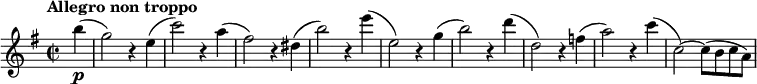 
\relative c''' {
  \tempo "Allegro non troppo"
  \set Score.tempoHideNote = ##t \tempo 4 = 120
  \key e \minor
  \time 2/2
  \clef treble
  \set Staff.midiInstrument = "string ensemble 1"
  \bar ""
  \partial 4 b4\p(
  g2) r4 e(
  c'2) r4 a(
  fis2) r4 dis(
  b'2) r4 e(
  e,2) r4 g(
  b2) r4 d(
  d,2) r4 f(
  a2) r4 c(
  c,2)~ c8( b c a)
}
