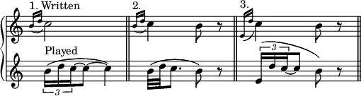  {
\override Score.TimeSignature #'stencil = ##f
{ \new PianoStaff << 
  \new Staff { \relative c'' {
    \clef treble \time 2/4
    \grace { b16(^\markup { 1. Written } d } c2) \bar "||"
    \grace { b16(^\markup { 2. } d } c4) b8 r8 \bar "||"
    \grace { e,16(^\markup { 3. } d' } c4) b8 r8 \bar "||"}
  } 
  \new Staff { \relative c'' {
    \tuplet 3/2 { b16(^\markup { Played } d c~ } c8~ c4)
    b32( d32 c8. b8) r8 
    \tuplet 3/2 { e,16( d' c~ } c8 b8) r8 }
  }
>> } } 
