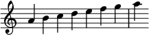 
{
\override Score.TimeSignature #'stencil = ##f
\relative c'' { 
  \clef treble 
  \time 7/4 a4 b c d e f g a
} }
