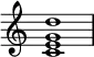 
{
\override Score.TimeSignature #'stencil = ##f
\relative c' {
   \clef treble
   \time 4/4
   \key c \major
   <c e g d'>1
} }
