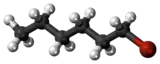 Ball and stick model of 1-bromohexane