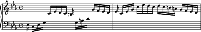 \relative c'{\new PianoStaff <<\new Staff{\key c \minor \hideNotes r4 \unHideNotes c16 ees d c b \hideNotes r8. \unHideNotes g'16 f ees d ees\noBeam c ees g c ees d c d c b a g f ees d} \new Staff{\key c \minor \clef "bass" ees,16\noBeam c ees g \hideNotes r4 r16 \unHideNotes g b d \hideNotes r4 r1}>>}