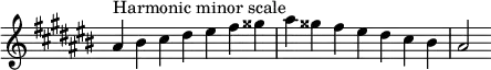  {
\omit Score.TimeSignature \relative c'' {
  \key ais \minor \time 7/4 ais^"Harmonic minor scale" bis cis dis eis fis gisis ais gisis fis eis dis cis bis ais2
} }
