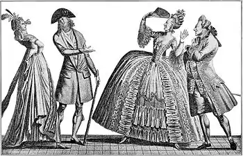 This caricature contrasts Rococo 1778 (at right) and Neoclassical 1793 (at left) styles for both men and women, showing the large changes in just 15 years, and overall the contrast between the Baroque and Rococo fashion with a lot of lacework and wigs, and the simplicity and the same time elegance of Neoclassical outfits