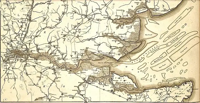 Thames marshland, London to the North Sea, here shown in a late 18th-century map