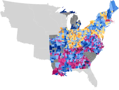 Map of presidential election results by county, shaded according to winning candidate's percentage of the vote