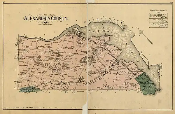 Map labeled "Alexandria County" on old yellowed paper, with Potomac River along upper right