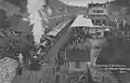 Opening train in Herisau. Behind the locomotives is a baggage car, then six passenger coaches of the BT and six coaches of the SBB.