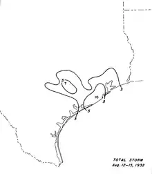 Lined contour map corresponding with different levels of rainfall during a three-day period.