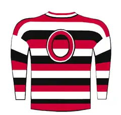 A red, black and white horizontal striped sweater in a barber-pole pattern, with a large red-letter 'O' on the chest.