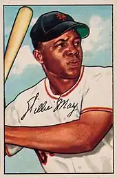 Painting on a baseball card of Mays in a white baseball uniform staring off to his left as he holds a baseball bat over his right shoulder