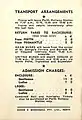 Back page showing transport arrangements and admission charges