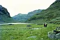 1961. Øyestøylene. Before the power development the old pack horse track followed the eastern bank of  Øyestølsvatnet (964 m.)