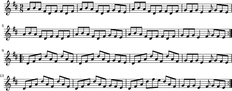 
\relative c''
{
  \key d \major \time 9/8
  \repeat volta 2
  {
    a8 b a fis d fis fis d fis | a8 b a fis d fis g fis e | a8 b a fis d fis fis d fis | g fis g e4 fis8 g fis e |
    a8 b a fis d fis fis d fis | a8 b a fis d fis g fis e | a8 b a fis d fis fis d fis | g fis g e4 fis8 g fis e
  }
  \repeat volta 2
  {
    d fis a d a fis d' a fis | d fis a d a fis g fis e | d fis a d a fis d' a fis | g fis g e4 fis8 g fis e |
    d fis a d a fis d' a fis | d fis a d a fis g fis e | d fis a d fis e d a fis | g fis g e4 fis8 g fis e |
  }
}
