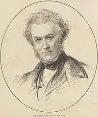 An engraving of a middle-aged man in formal nineteenth-century dress, with sideburns and tousled hair