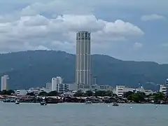 Exterior of Komtar with clan jetties in foreground, 2003.