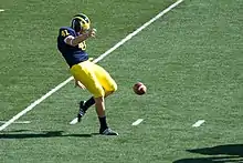 Football player in #41 blue and yellow uniform kicks the football