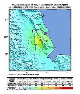 Map showing epicentre and intensity of shaking