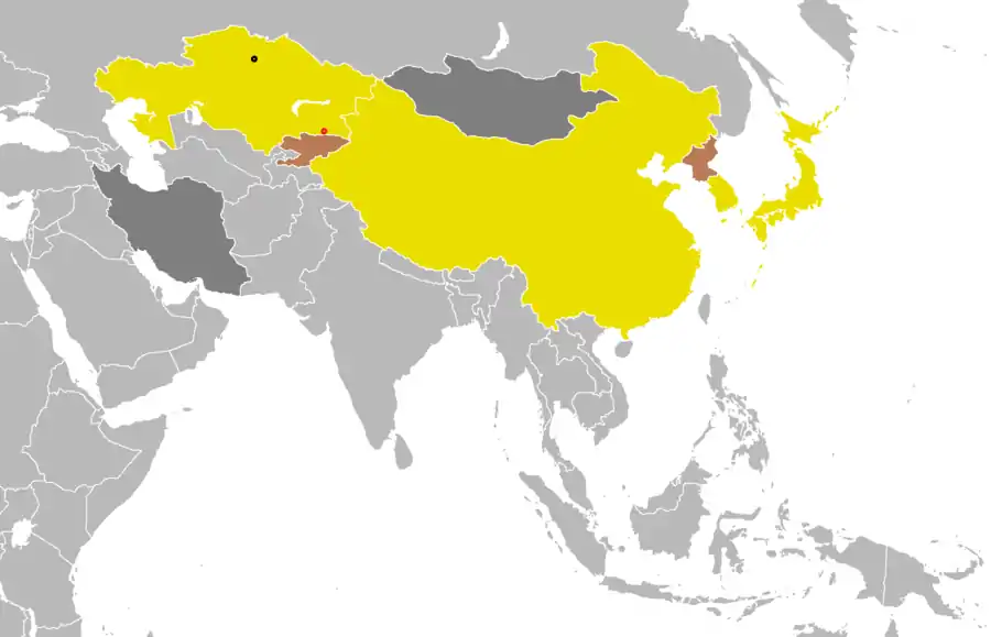 Map of Asia illustrating the countries/regions that have won medal(s) in the 2010 Asian Games