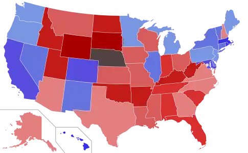 Lower house seats by party holding majority in each state
 

Republican  50–60%  60–70%  70–80%  80–90%  90–100%
Democratic  50–60%  60–70%  70–80%  80–90%