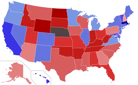 Upper house seats by party holding majority in each state
 

Republican  50–60%  60–70%  70–80%  80–90%  90–100%
Democratic  50–60%  60–70%  70–80%  80–90%  90–100%