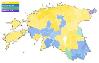 A map of the results of the 2023 Estonian parliamentary election by municipalities