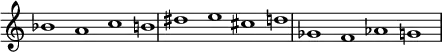 
{
\override Score.TimeSignature
#'stencil = ##f
\override Score.SpacingSpanner.strict-note-spacing = ##t
  \set Score.proportionalNotationDuration = #(ly:make-moment 3/2)
    \relative c'' {
        \time 4/1
        \set Score.tempoHideNote = ##t \tempo 1 = 60
        bes1 a c b!
        dis e cis d
        ges, f aes g
    }
}
