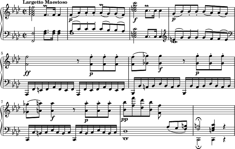 
{
\new PianoStaff <<
\new Staff \relative c'' { \clef treble
  \key aes \major
  \tempo "Largetto Maestoso" 4 = 60
  \set Score.tempoHideNote = ##t
  \time 2/2
  |
  <f,\f aes c f>2\arpeggio
  f8.\prall f16 f4
  |
  f8\p( aes) aes-. aes-.
  aes\prall( g) g( f)
  |
  <<c'2\f e2 g2 c2>>
  c,8.\prall c16 c4
  |
  g8(\p bes8) bes8-. bes-.
  bes( aes) aes( g)
  |
  <<f2\ff f'2>>
  r8
  <<f,8-.\p f'8>>
  <<f,8-. f'8>>
  <<f,8-. f'8>>
  |
  <<f,8( f'8>>
  <<ges,8) ges'8>>
  <<ges,4\f ges'4>>
  r8
  <<ges,8-.\p ges'8>>
  <<ges,8-. ges'8>>
  <<ges,8-. ges'8>>
  |
  <<ges,8( ges'8>>
  <<a,8) a'8>>
  <<a,4\f a'4>>
  r8
  <<a,8-.\p a'8>>
  <<a,8-. a'8>>
  <<a,8-. a'8>>
  |
  <<bes,8\pp bes'8>>
  <<f8 f'8>>
  <<des,8 des'8>>
  <<bes,8 bes'8>>
  <<f,8 f'8>>
  \hideNotes
  r4.
  |
  r1
  \unHideNotes
}
\new Staff \relative c { \clef bass
  \key aes \major
  |
  <<f,2 f'2>>
  <<f8. aes8.>>
  <<f16 aes16>>
  <<f4 aes4>>
  |
  <<\new Voice{\voiceTwo
  f1
}
  \new Voice{\voiceOne
  aes8(
  c8)
  c8-.
  c8-.
  c8(
  bes8)
  bes8(
  aes8)
}>>
  |
  <<c,2 e2 g2 c2>>
  c,8.
  c16
  c4
  |
  \clef treble
  <<\new Voice{\voiceTwo
  c'1
}
  \new Voice{\voiceOne
  e8(
  g8)
  g8-. g8-.
  g8( f8)
  f8( e8)
}>>
  |
  \clef bass
  aes,,,16 f'16 e16 f16
  aes16 f16 e16 f16
  aes,16 f'16 e16 f16
  aes16 f16 e16 f16
  |
  bes,16 bes'16 a16 bes
  des bes a bes
  bes, bes' a bes
  des bes a bes
  |
  c, c' b c
  ees c b c
  c, c' b c
  ees c b c
  |
  <<\new Voice{\voiceTwo
  <<des1 des,1>>
  |
  c2\fermata
  c4
  c4\rest
}
  \new Voice{\voiceOne
  \hideNotes
  r2
  r8
  \unHideNotes
  aes''8^[_( g8 <<f8] b8)>>
  |
  <<f2 b2\fermata>>
  <<c4 g4 e4>>
  aes4\rest
}>>
  |
  
}>>
}
