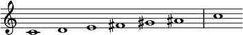  {
\override Score.TimeSignature #'stencil = ##f
\set Score.tempoHideNote = ##t
\tempo 1 = 120
\relative c' { 
  \cadenzaOn
  c1 d e fis gis ais \bar "|" c
} }
