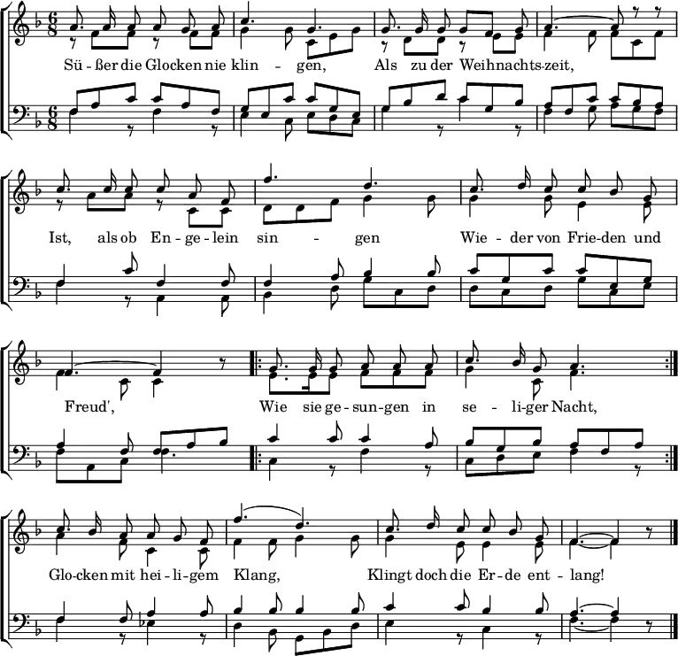 
\header { tagline = ##f }
\layout { indent = 0
  \context { \Score \remove "Bar_number_engraver" }
  \context { \Voice \remove "Dynamic_engraver" }
}
global = {
  \key f \major
  \numericTimeSignature
  \time 6/8
}

% Voices without appended "A" can be used for an alternative harmonization.
soprano = \relative c'' {
  \global \autoBeamOff \set midiInstrument = "celesta"
  a8. a16 a8 a g a | c4 (bes8) g4. |
  g8. g16 g8 g [f] g | a4.~ a4 r8 |
  c8. c16 c8 c a f | f'4 (d8) d4. |
  c8. d16 c8 c bes g | f4.~ f4 r8 |
  \repeat volta 2 { g8.g16 bes8 a a c | c8. bes16 a8 g4. | }
  c8. bes16 a8 a g f | f'4. (d) |
  c8. d16 c8 c bes g | f4.~ f4 r8 \bar "|."
}
sopranoA = \relative c'' {
  \global \autoBeamOff \set Voice.midiPanPosition = -0.5 \set midiInstrument = "celesta"
  a8. a16 a8 a g a | c4. g4. |
  g8. g16 g8 g [f] g | a4.~ a8 r8 r8 |
  c8. c16 c8 c a f | f'4. d4. |
  c8. d16 c8 c bes g | f4.~ f4 r8 |
  \repeat volta 2 { g8. g16 g8 a a a | c8. bes16 g8 a4. | }
  c8. bes16 a8 a g f | f'4. (d) |
  c8. d16 c8 c bes g | f4.~ f4 r8 \bar "|."
}
% (Alternative)
alto = \relative c' {
  \global \autoBeamOff \set midiInstrument = "vibraphone"
  f8.\pp f16 f8 f f f | g4. c,4. |
  e8. e16 e8 e [d] e | f4.~ f4 r8 |
  f8. f16 f8 f f f | f4. f4. |
  f8. f16 f8 e e e | c4.~ c4 r8 |
  \repeat volta 2 { e8. e16 g8 f f a | e8. e16 f8 e4. | }
  f8. e16 f8 f e f | f4.~ f |
  f8. f16 f8 e e e | c4.~ c4 r8 \bar "|."
}
altoA = \relative c' {
  \global \set Voice.midiPanPosition = 0.5 \set midiInstrument = "vibraphone"
  r8\pp f f r f f | g4 g8 c, e g |
  r d d r e e | f4 f8 f c f |
  r a a r c, c | d d f g4 g8 |
  g4 g8 e4 e8 | f4 c8 c4 r8 |
  \repeat volta 2 { e8. e16 e8 f f f | g4 c,8 f4. | }
  a4 f8 c4 c8 | f4 f8 g4 g8 | g4 e8 e4 e8 | f4.~ f4 r8 \bar "|."
}
% (Alternative)
tenor = \relative c' {
  \global \autoBeamOff \set midiInstrument = "clav"
  c8.\pp c16 c8 c bes c | g4. g4. |
  c8. c16 c8 c4 c8 | c4.~ c4 r8 |
  a8. a16 a8 a c a | d4 (bes8) bes4. |
  a8. bes16 a8 g c bes | a4.~ a4 r8 |
  \repeat volta 2 { c8. c16 c8 c a f | g8. g16 f8 c'4. | }
  c8. c16 c8 c bes a | d4. (bes) |
  a8. bes16 a8 g c bes | a4.~ a4 r8 \bar "|."
}
tenorA = \relative c {
  \global \set Voice.midiPanPosition = -1 \set midiInstrument = "clav"
  f8\pppp a c c a f | g e c' c g e |
  g bes d c g bes | a f c' c bes a |
  f4 c'8 f,4 f8 | f4 a8 bes4 bes8 |
  c g c c e, g | a4 f8 f a bes |
  \repeat volta 2 { c4 c8 c4 a8 | bes g bes a f a | }
  f4 f8 a4 a8 | bes4 bes8 bes4 bes8 |
  c4 c8 bes4 bes8 | a4.~ a4 r8 \bar "|."
}
% (Alternative)
bass = \relative c {
  \global \autoBeamOff \set midiInstrument = "orchestral harp"
  f8.\pp f16 f8 f f f | e4. e |
  c8. c16 c8 c4 c8 | f4.~ f4 r8 |
  f8. f16 f8 f f f | bes,4. bes |
  c8. c16 c8 c c c | f4.~ f4 r8 |
  \repeat volta 2 { c8. c16 c8 c c c | c8. c16 c8 c4. | }
  a'8. g16 f8 f f f | bes,4.~ bes |
  c8. c16 c8 c c c | f4.~ f4 r8 \bar "|."
}
bassA = \relative c {
  \global \set Voice.midiPanPosition = 1 \set midiInstrument = "orchestral harp"
  f4\pp r8 f4 r8 | e4 c8 e d c |
  g'4 r8 c4 r8 | f,4 g8 a g f |
  f4 r8 a,4 a8 | bes4 d8 g c, d |
  d c d g c, e | f a, c f4. |
  \repeat volta 2 { c4 r8 f4 r8 | c d e f4 r8 | }
  f4 r8 es4 r8 | d4 bes8 g bes d |
  e4 r8 c4 r8 | f4.~ f4 r8 \bar "|."
}
verse = \lyricmode {
  Sü -- ßer die Glo -- cken nie klin -- gen,
  Als zu der Weih -- nachts -- zeit,
  Ist, als ob En -- ge -- lein sin -- gen
  Wie -- der von Frie -- den und Freud',
  Wie sie ge -- sun -- gen in se -- li -- ger Nacht,
  Glo -- cken mit hei -- li -- gem Klang,
  Klingt doch die Er -- de ent -- lang!
}

\score {
  \new ChoirStaff <<
    \new Staff \with { \consists "Merge_rests_engraver" }
    <<
      \new Voice = "soprano" { \voiceOne \sopranoA }
      \addlyrics { \verse }
      \new Voice = "alto" { \voiceTwo \altoA }
    >>
    \new Staff \with { \consists "Merge_rests_engraver" }
    <<
      \clef bass
      \new Voice = "tenor" { \voiceOne \tenorA }
      \new Voice = "bass" { \voiceTwo \bassA }
    >>
  >>
  \layout { }
}
\score { \unfoldRepeats
         { << \sopranoA \\ \altoA \\ \tenorA \\ \bassA >> }
         \midi {
           \tempo 4.=56
           \context { \Score midiChannelMapping = #'instrument }
           \context { \Staff \remove "Staff_performer" }
           \context { \Voice \consists "Staff_performer" }
         }
}
