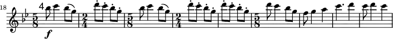 
\relative c''' \new Staff {
  \key bes \major \clef "treble"
  \set Staff.midiInstrument = "flute"
  \set Score.tempoHideNote = ##t \tempo 4 = 176
  \set Score.currentBarNumber = #18 \bar ""
  \mark \markup \sans 4

  \time 5/8 bes8\f c4 bes8( g) | \time 2/4 d'-. c-. bes-. g-. |
  \time 5/8 bes c4 bes8( g) | \time 2/4 d'-. c-. bes-. g-. | d'-. c-. bes-. g-. |
  \time 5/8 d' c4 bes8 g | f8 g4 a | c4. d4 | c8 d4 c |
}
