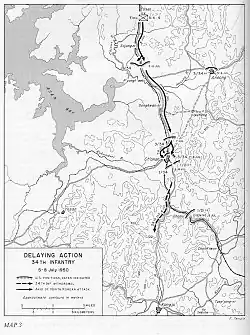 An arrow moving from north to south along a road