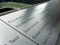 Panel S-2 of the National September 11 Memorial & Museum's South Pool, one of three on which the names of victims from Flight 175 are inscribed