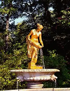 Neoclassical lion mascarons on Danaida fountain, Peterhof Palace, Saint Petersburg, designed by Andrei Stackenschneider and sculpted by Ivan Vitali, 1853-1854