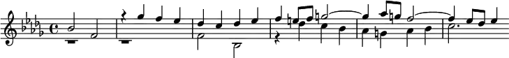 
  \new PianoStaff <<
    \new Staff = "up"
    <<
      \clef treble \key bes \minor \time 4/4
      \new Voice \relative c'' {
        \voiceOne
        bes2 f g'4\rest ges f ees
        des c des ees f e8 f g2~ g4 aes8 g f2~ f4 ees8 des ees4
      }
      \new Voice \relative c' {
        \voiceTwo
        b1\rest b1\rest
        f'2 bes, r4 des' c bes aes g aes bes c2.
      }
    >>
  >>
