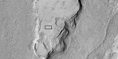 Enlarged view of a part of previous image,  as seen by HiRISE under HiWish program.  The rectangle represents the size of a football field.