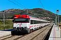 Renfe Class 447 at Vilajuïga station, in the Barcelona-Portbou/Cerbère Rodalies de Catalunya line.